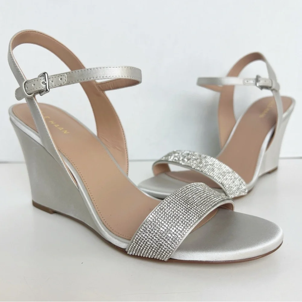 •COLE HAAN• Josie Wedge Ankle Strap Sandal Heel Size 9.5B Gray Satin Crystals